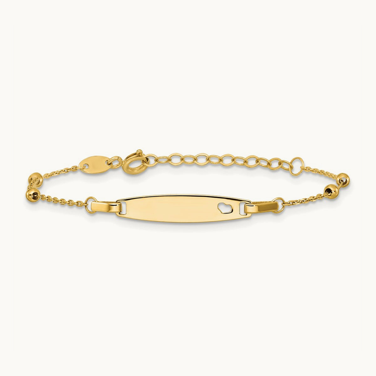 Children's Polished Beaded Heart ID 5in w/1in ext Bracelet, 14K