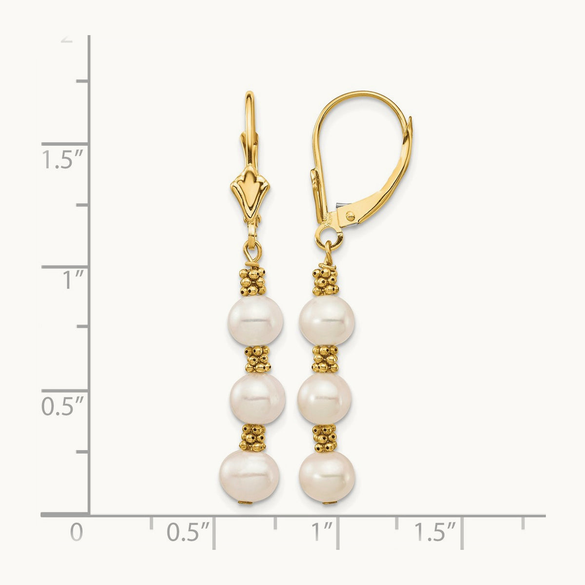 5- White Semi-round Freshwater Cultured Pearl Leverback Earrings, 14K