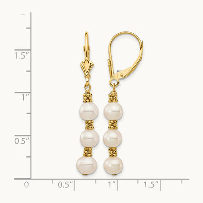 5- White Semi-round Freshwater Cultured Pearl Leverback Earrings, 14K