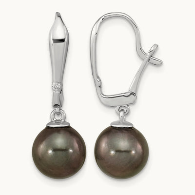 WG 9- Round Black Saltwater Tahitian Pearl .02ct Dia. Dangle Earrin, 10mm, 14K