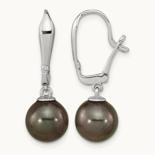 WG 9- Round Black Saltwater Tahitian Pearl .02ct Dia. Dangle Earrin, 10mm, 14K