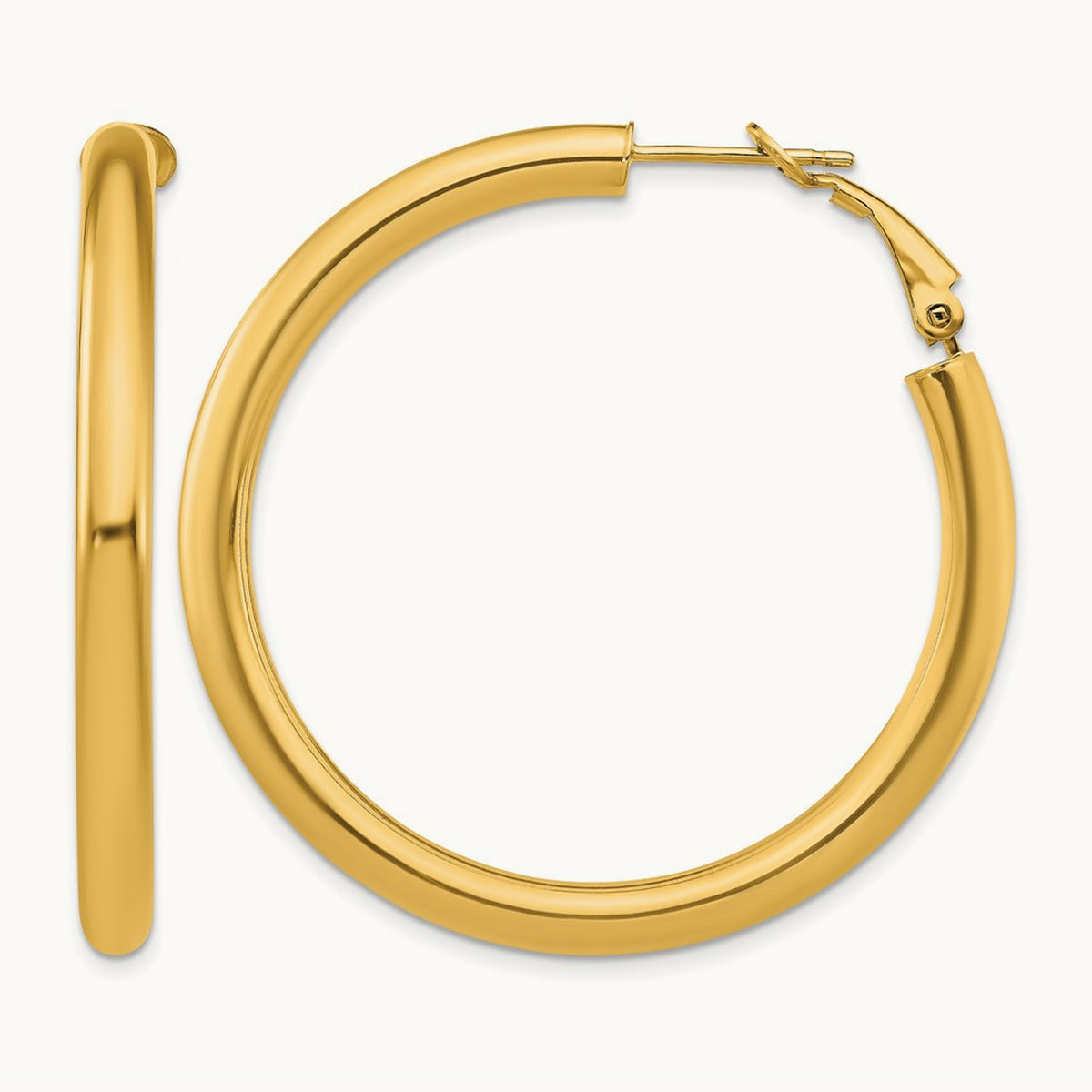 Polished Round Omega Back Hoop Earrings — 14K Yellow Gold, 4x45mm