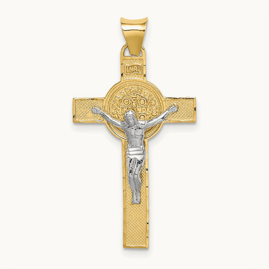 St. Benedict Medal Crucifix Cross Pendant, 14K Two-tone