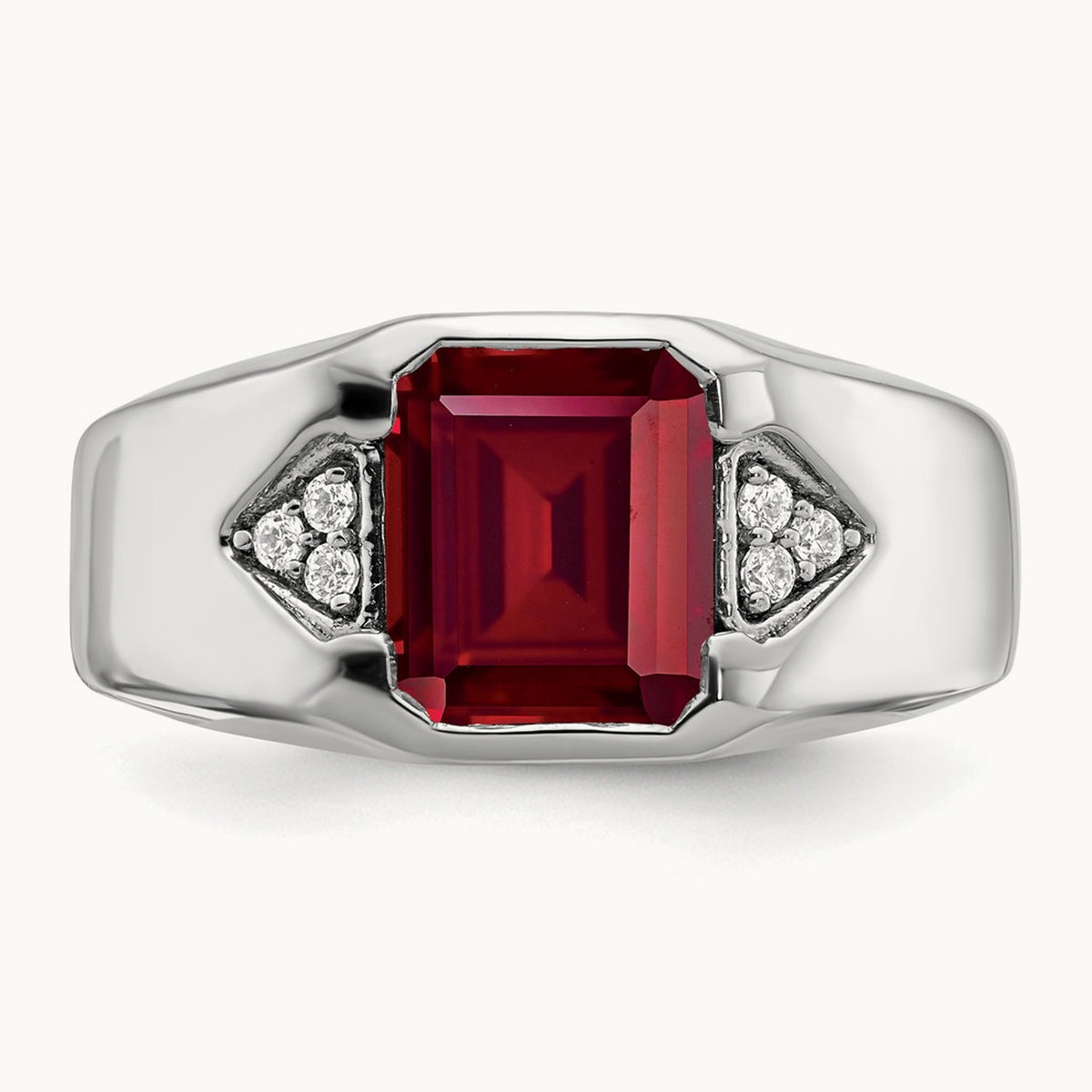 Emerald-cut Created Ruby and Lab-Grown Diamond Men's Ring — 14K White Gold, 10