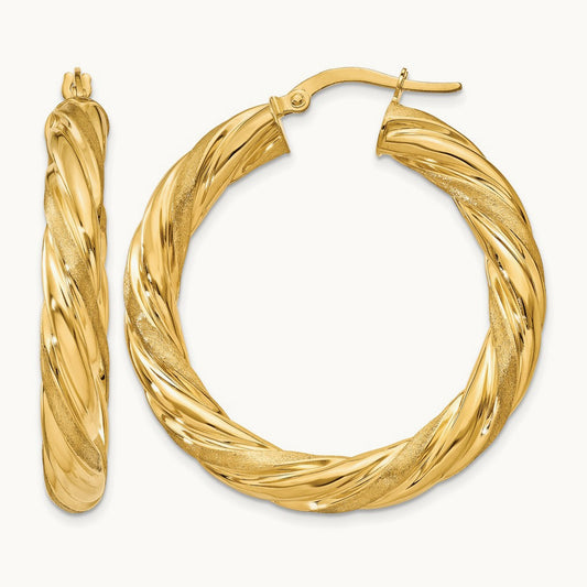 Satin & Polished Twisted Hoop Earrings, 5mm, 14K