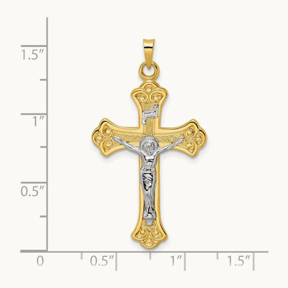 Polished Solid INRI Fleur de Lis Crucifix Pendant, 14K Two-tone