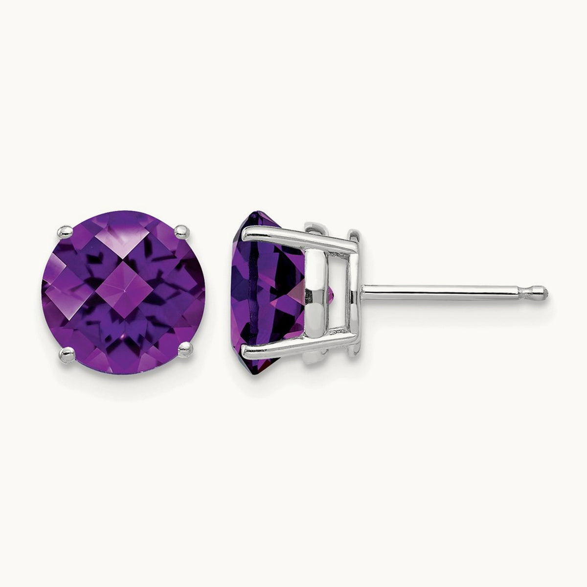 Amethyst Checker Earrings, 8mm, 14K White Gold