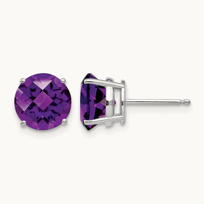 Amethyst Checker Earrings, 8mm, 14K White Gold