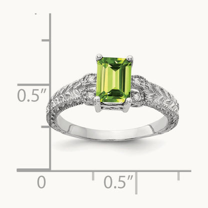 7x5mm Emerald Cut Peridot AA Diamond ring, 14K White Gold
