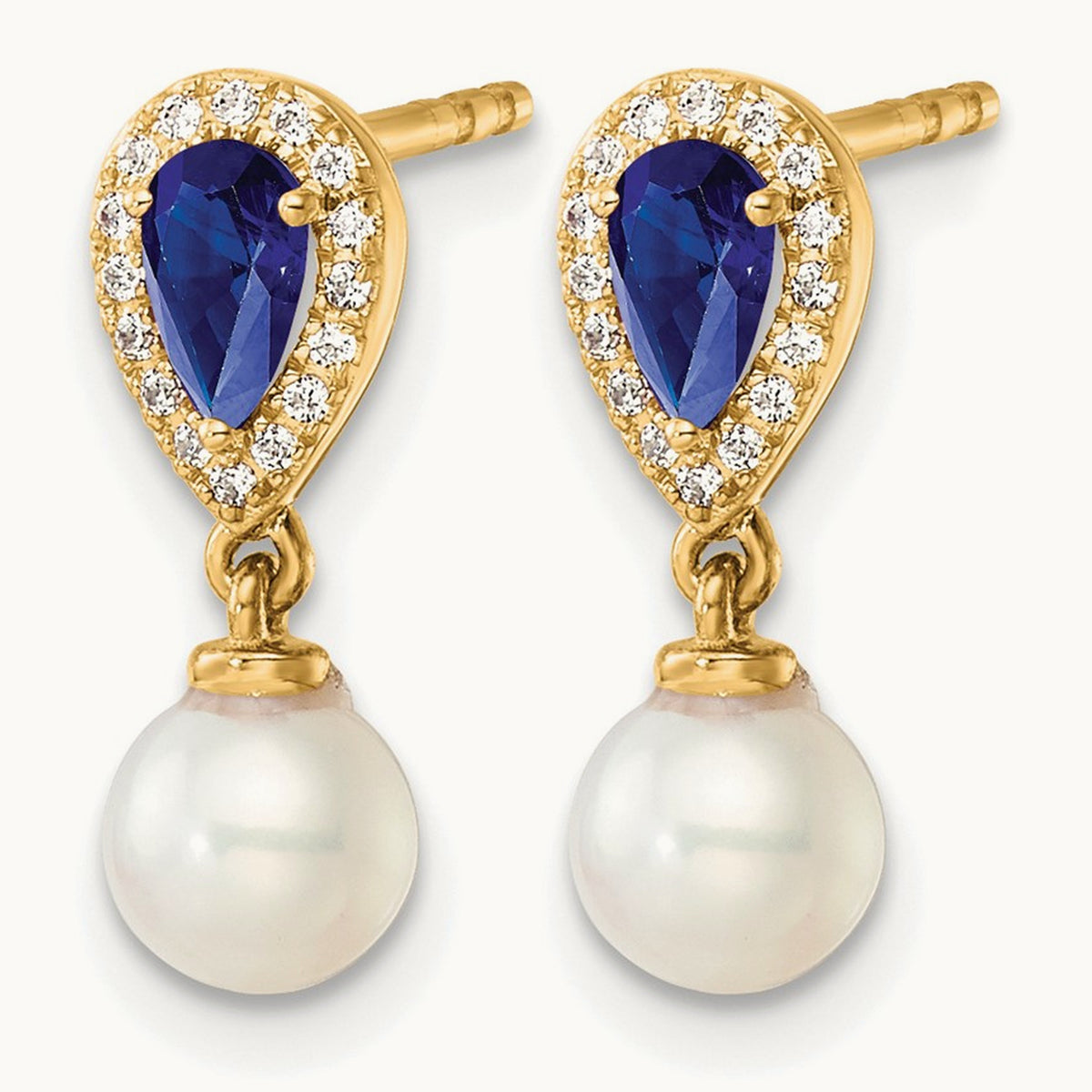 Polished Diamond Pearl and Sapphire Dangle Post Earrings, 14K