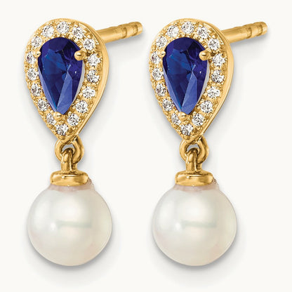 Polished Diamond Pearl and Sapphire Dangle Post Earrings, 14K