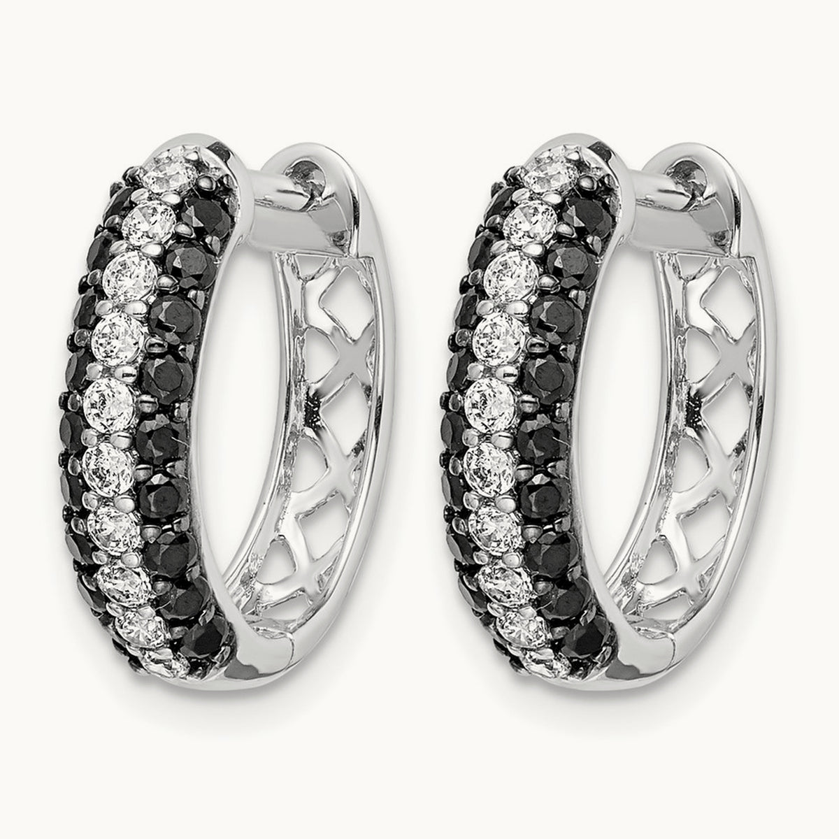 White and Black Diamond Hinged Hoop Earrings, 14K White Gold
