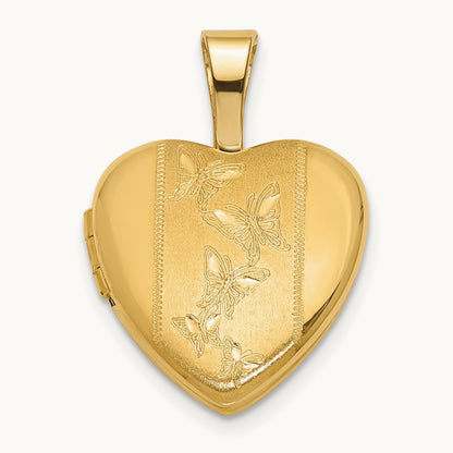 Polished and Satin Butterfly Heart Locket, 12mm, 14K