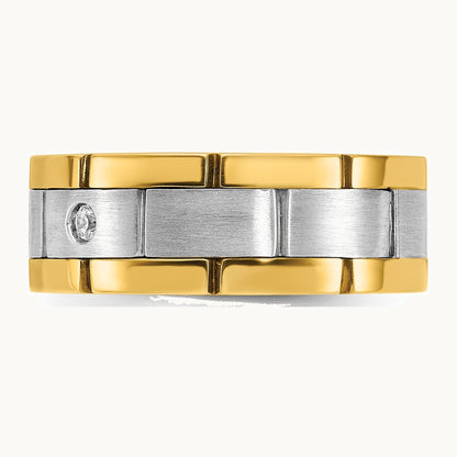 IBGoodman 14K Two-tone Men's Polished Satin and Grooved 3-Stone 1/6 Carat AA Quality Diamond Ring
