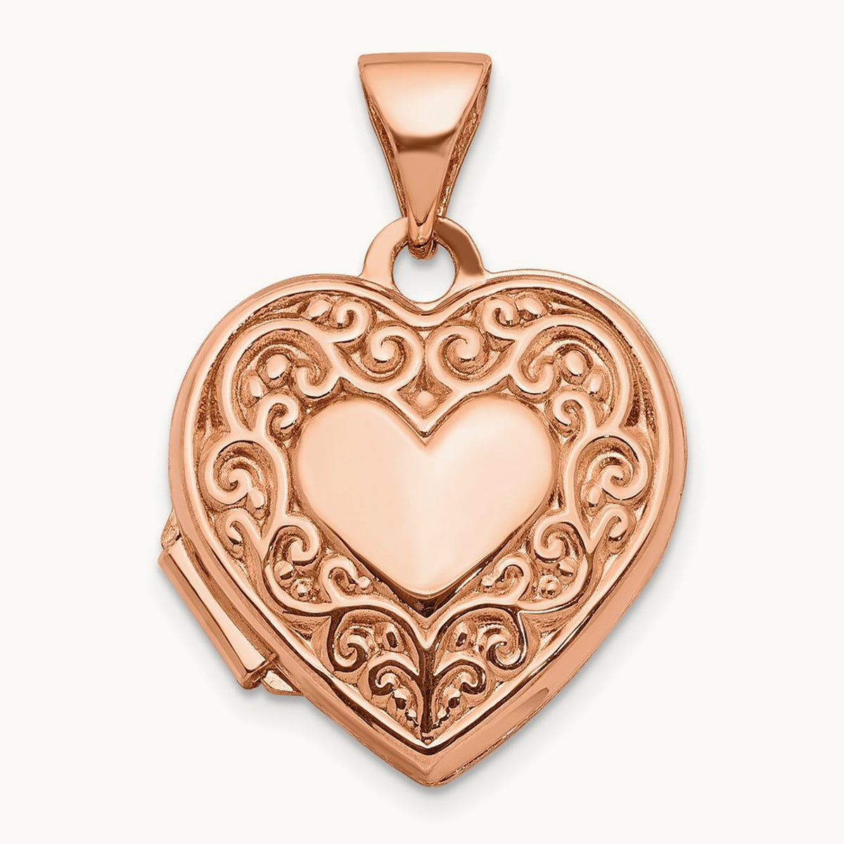 Scroll Heart Locket, 15mm, 14K Rose Gold