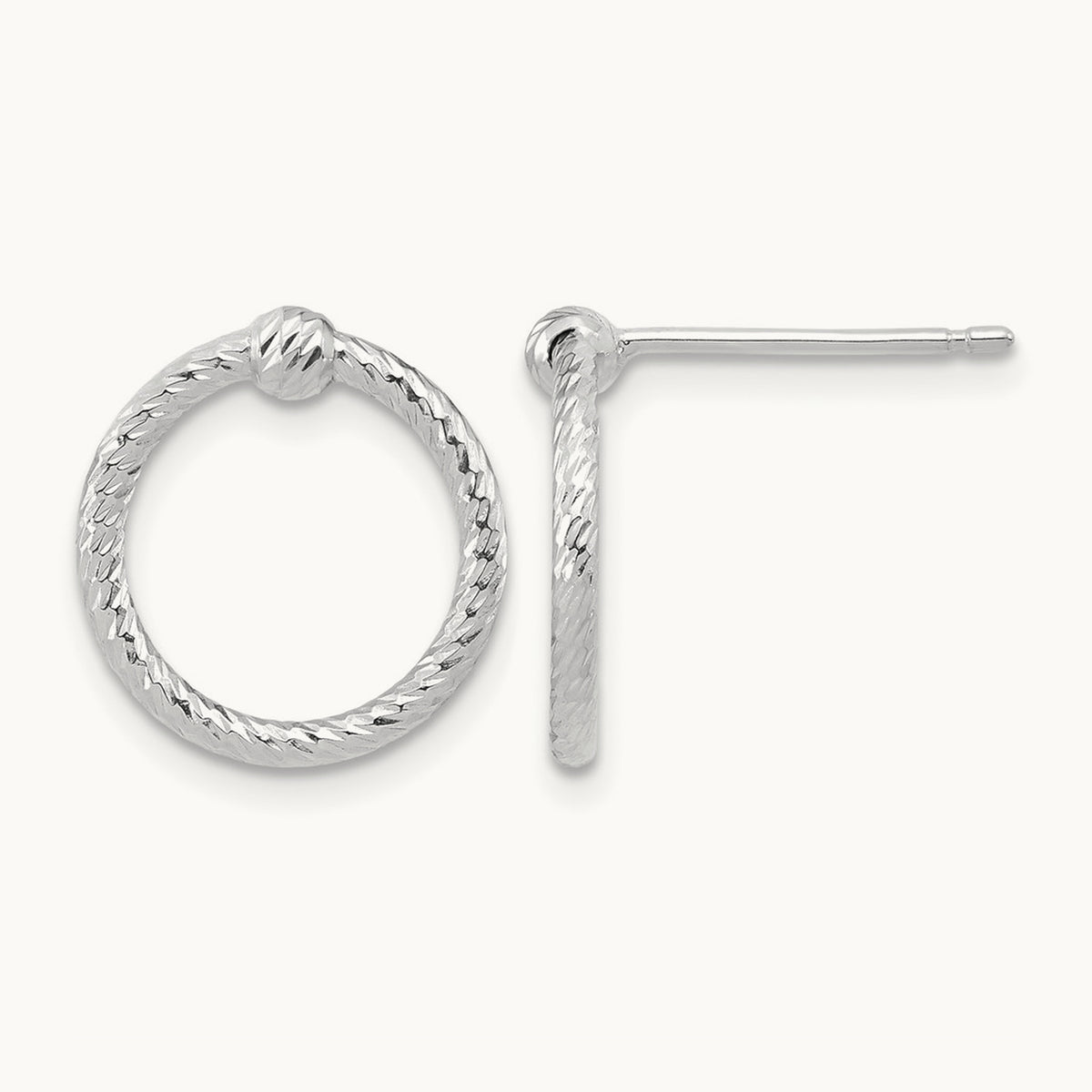 Polished Diamond-cut Twisted Circle Post Earrings — 14K White Gold, 14.6mm