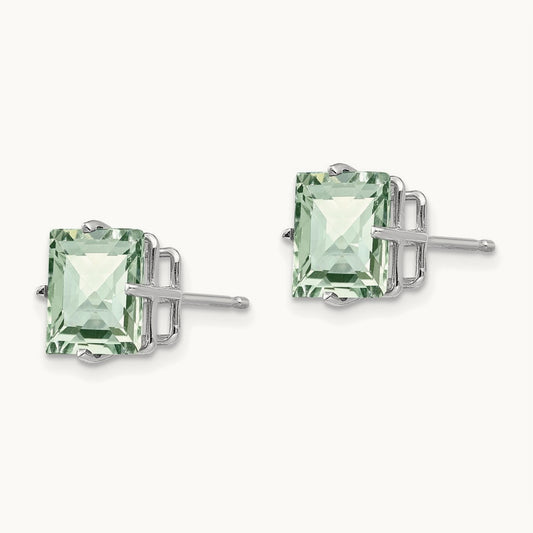 Princess 4-Prong Checker-Cut Green Quartz Earrings, 8.0mm, 14K White Gold