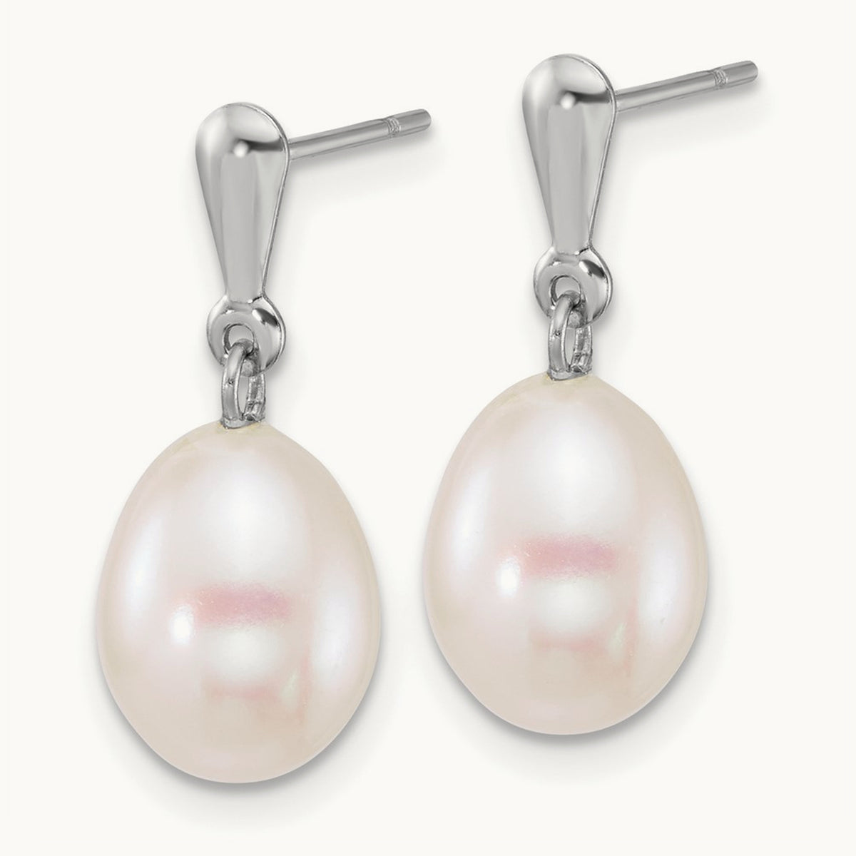 WG 8- Rice White FW Cultured Pearl Post Dangle Earrings, 9mm, 14K