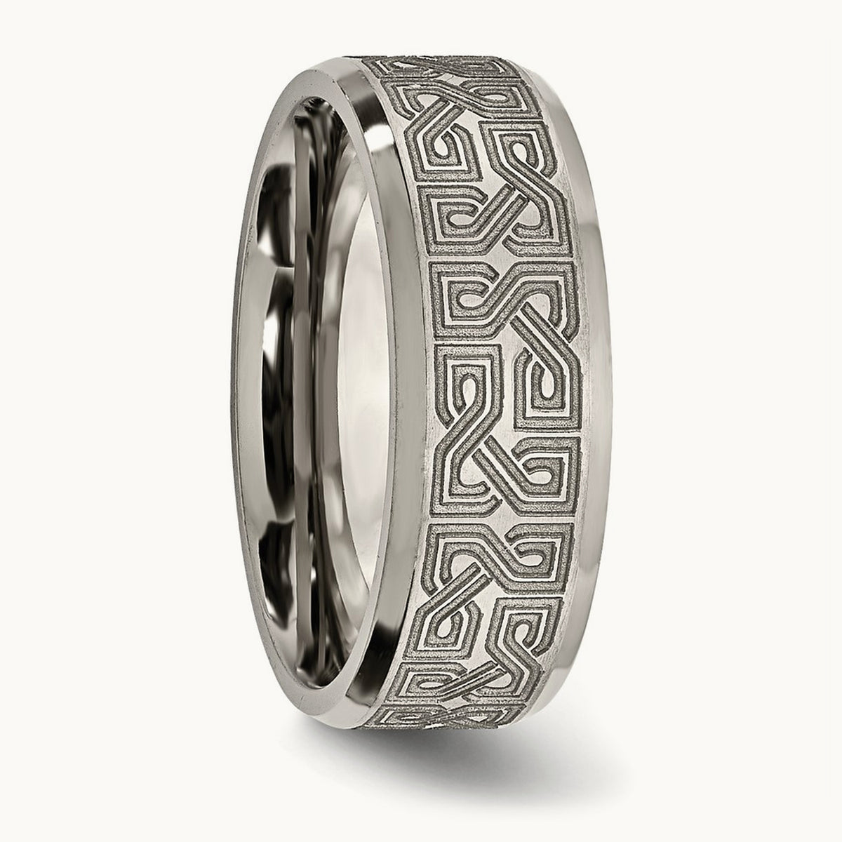 Brushed & Polished Greek Key Laser Design Beveled Band — photo set