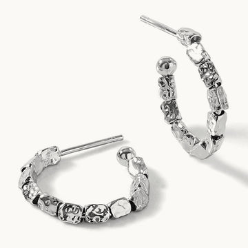 Rh-plated Polished/Hammered J-Hoop Post Earrings, Sterling Silver — Leslie's
