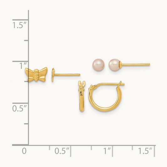 Butterfly FW Cultured Pearl and Hoop 3 Pair Earrings Set, 14K