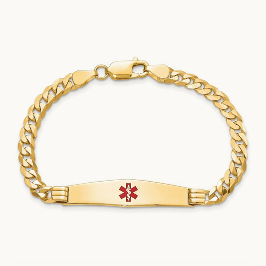 Medical Soft Diamond Shape Red Enamel Curb Link ID Bracelet, 14K