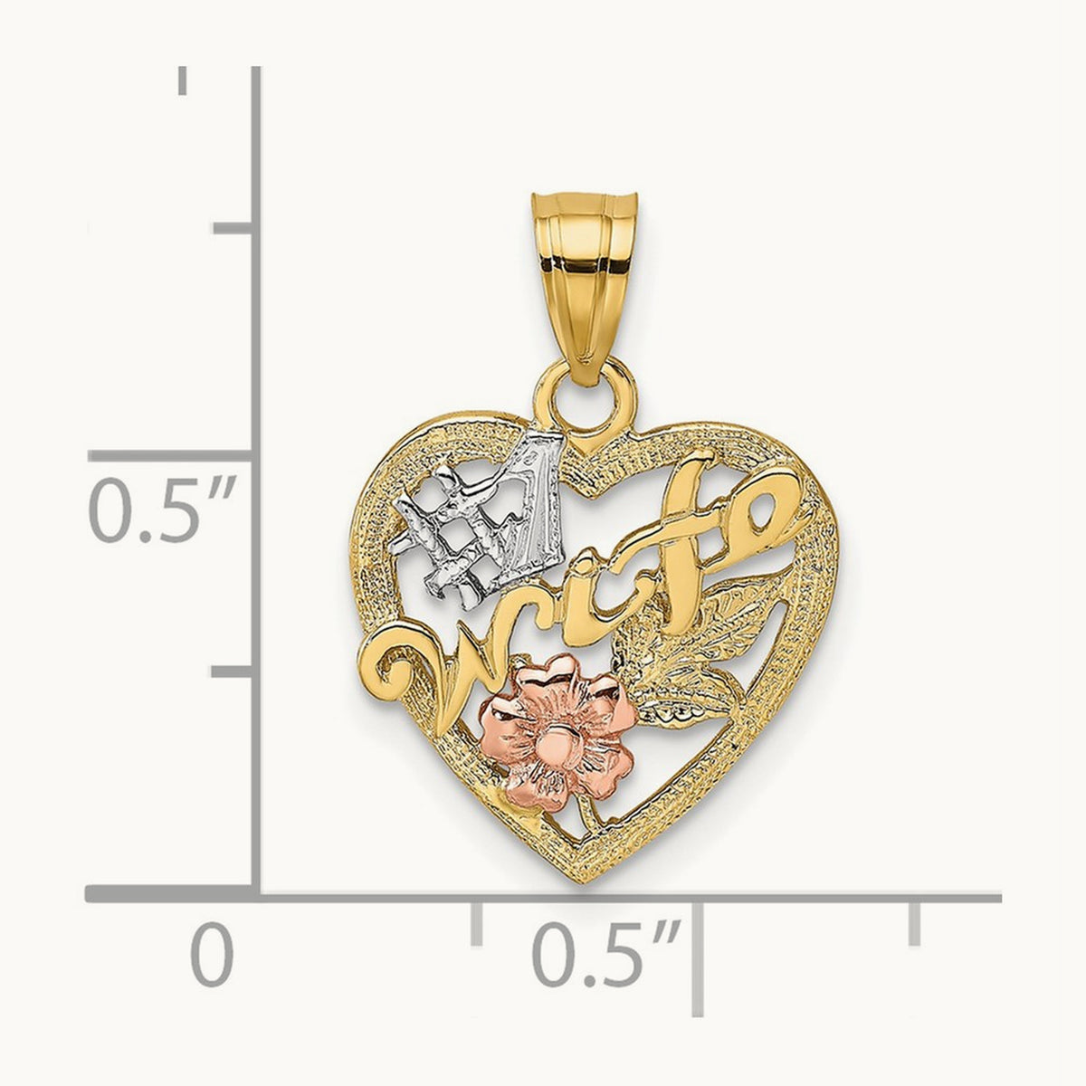 w/White Rhodium #1 WIFE In Heart w/Flower Charm, 14K Two-tone