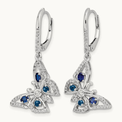 Diamond/Sapphire Butterfly Leverback Earrings, 14K White Gold