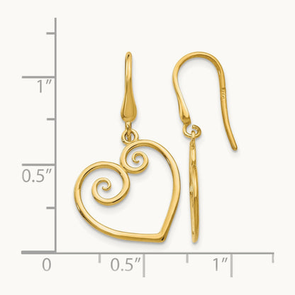 Heart Dangle Shepherd Hook Earrings, 14K Yellow Gold