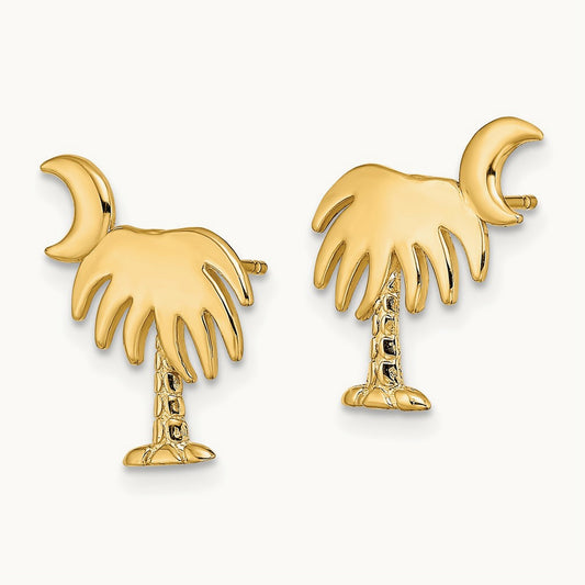 Charleston Palm Tree w/ Moon Post Earrings, 14K