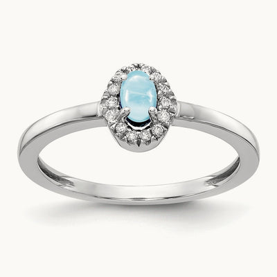 Diamond and Oval Cabochon Aquamarine Ring, 14K White Gold