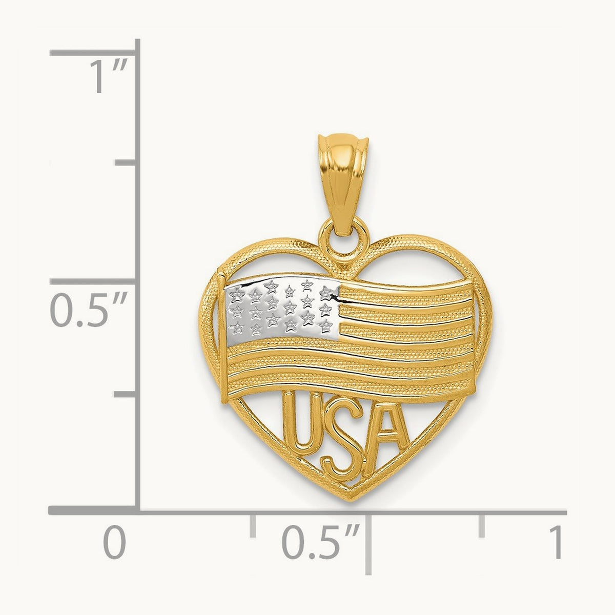 w/Rhodium Polished American Flag USA in Heart Pendant, 14K