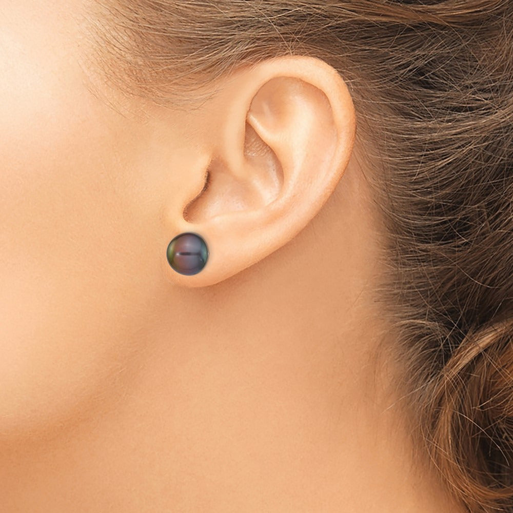 Black Button Freshwater Cultured Pearl Stud Post Earrings — 14K White Gold