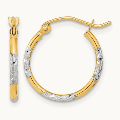 w/ White Rhodium Diamond Cut Hoop Earrings, 14K