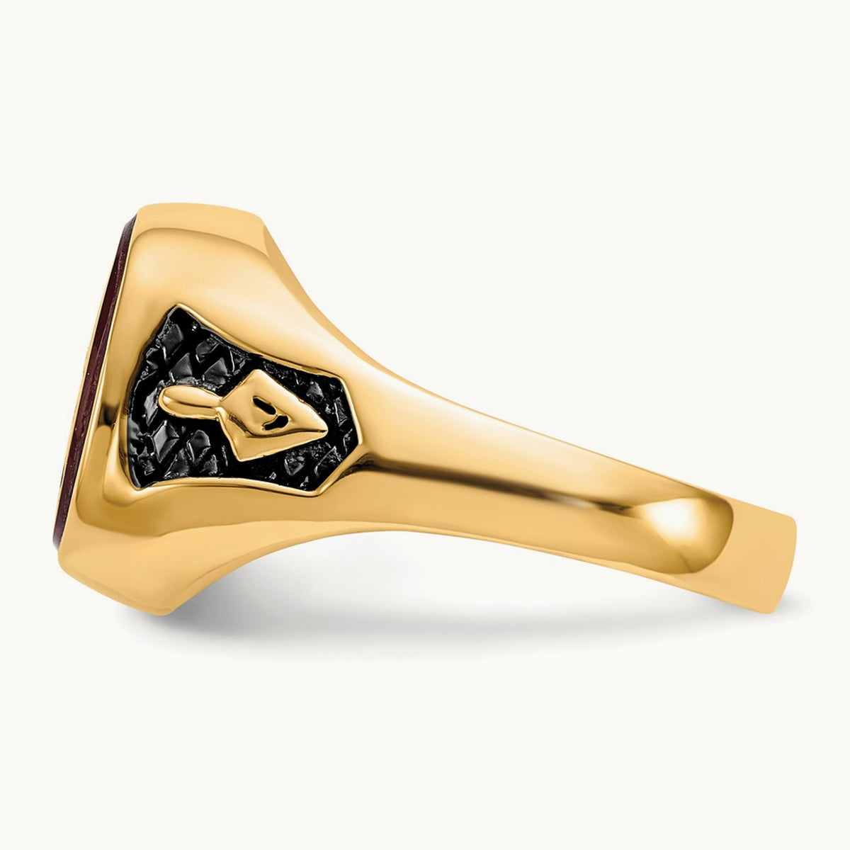 Men's Textured w/ Black Enamel & Lab Cr. Ruby Masonic Ring, 14K