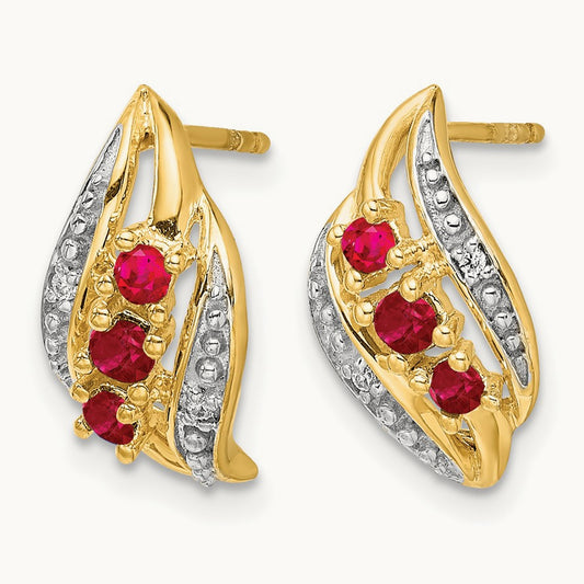 w/ Siam Ruby and Diamond Polished Post Earrings, 14K Gold