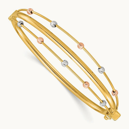 Tri-color Polished 3 Row D/C Bead Hinged Bangle Bracelet, 14K