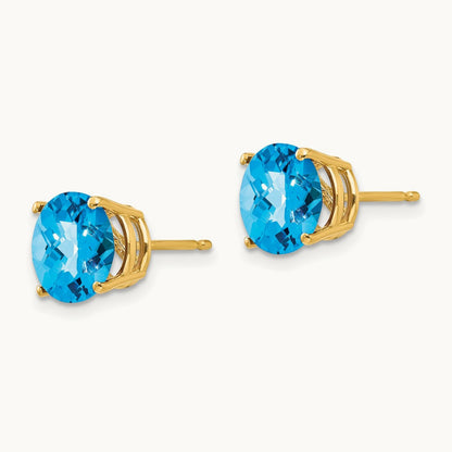 Blue Topaz Checker Earrings, 8mm, 14K