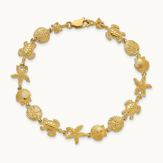Polished Turtle, Sand Dollar, Shell and Starfish Link Bracelet, 14K