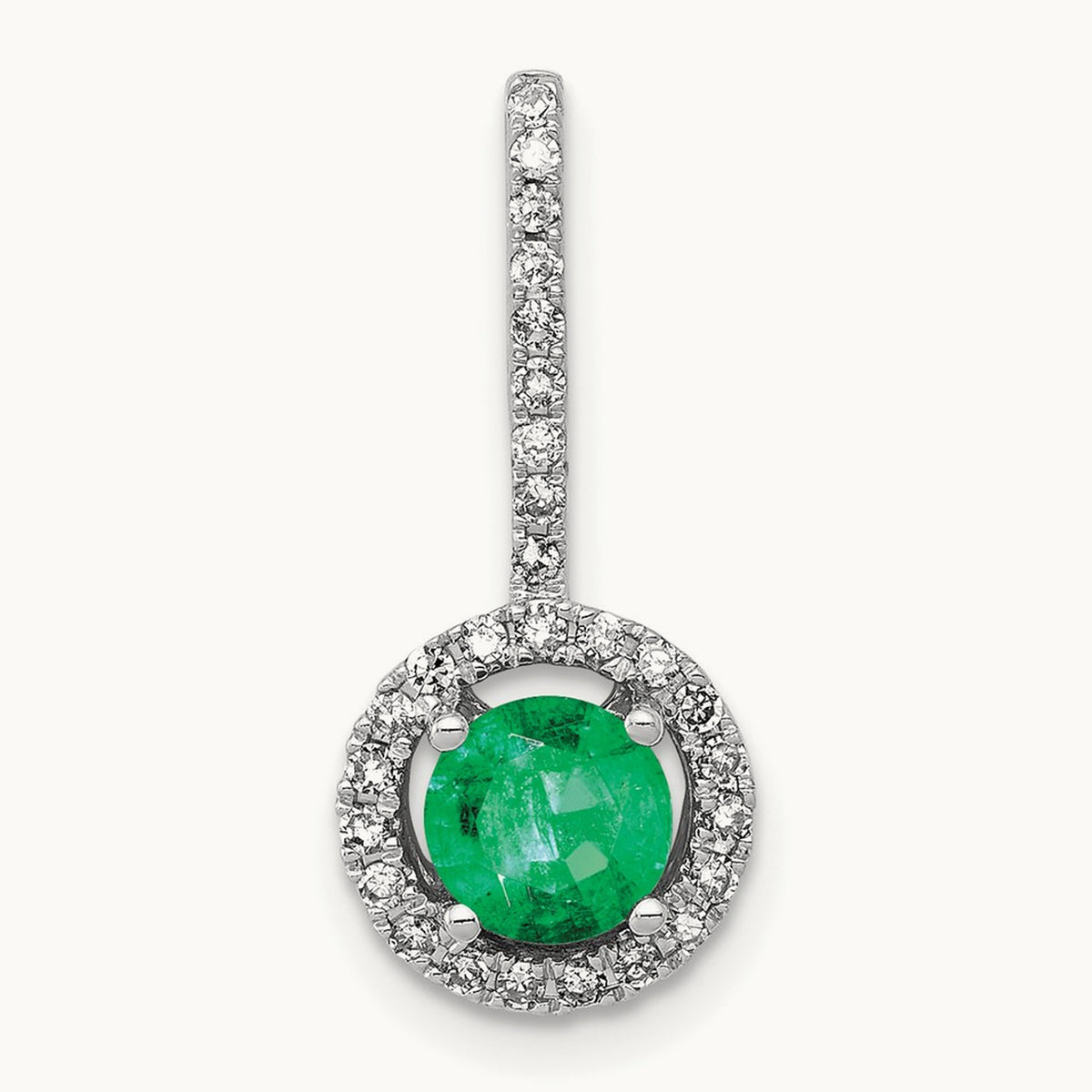 Diamond and Emerald Halo Pendant, 14K White Gold