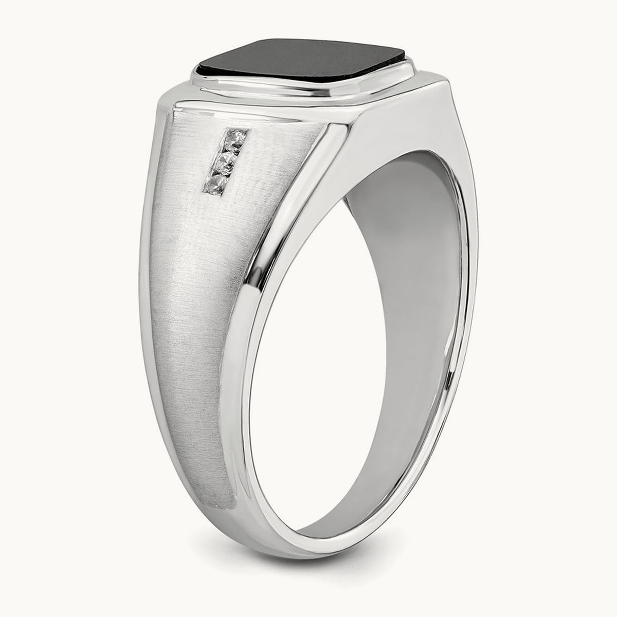 Polished & Satin Onyx & Diamond Mens Ring, 14K White Gold