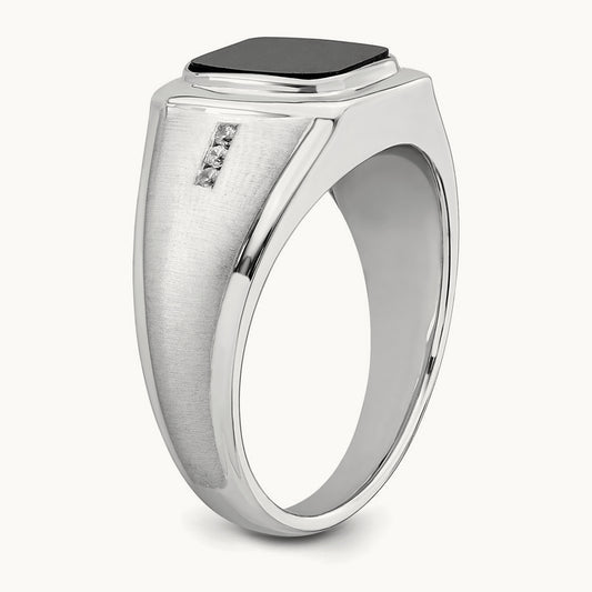 Polished & Satin Onyx & Diamond Mens Ring, 14K White Gold