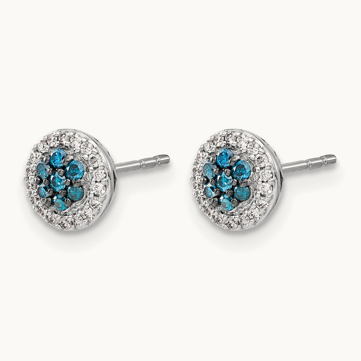 Blue/White Diamond Cluster Post Earrings, 14K White Gold