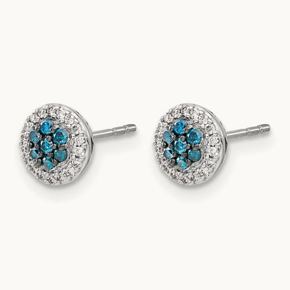Blue/White Diamond Cluster Post Earrings, 14K White Gold