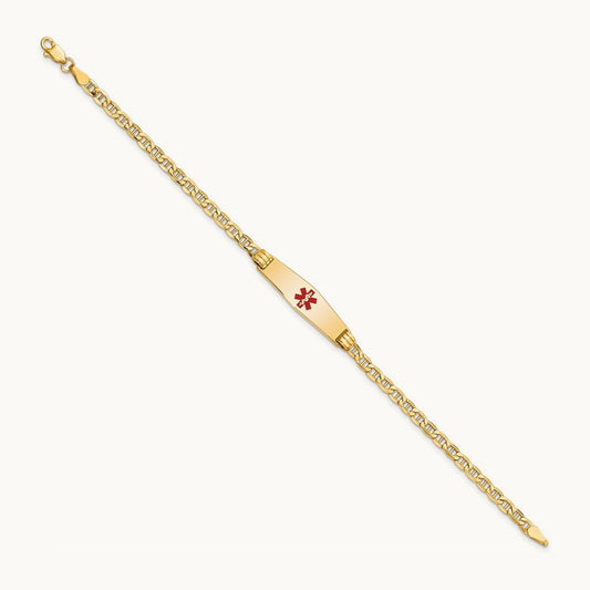 Medical Semi-Solid Soft Diamond Shape Red Enamel Anchor ID Bracelet, 14K