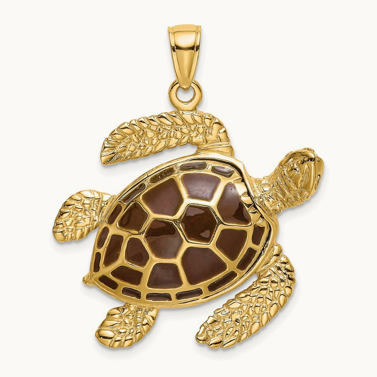 3-D Brown Enamel Large Sea Turtle Charm, 14K