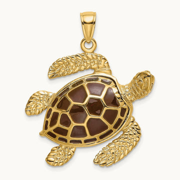 3-D Brown Enamel Large Sea Turtle Charm, 14K