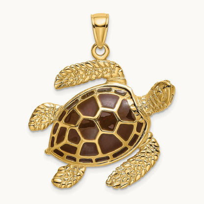 3-D Brown Enamel Large Sea Turtle Charm, 14K
