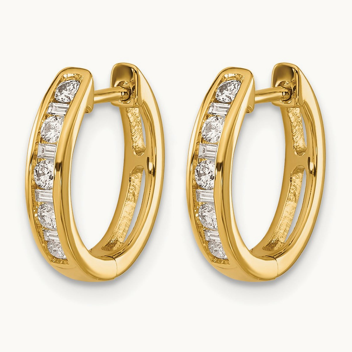 Round/Baguette Diamond Hinged Hoop Earrings — 14K Yellow Gold