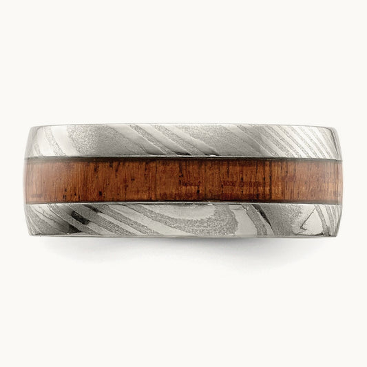 Damascus Steel Polished with Sapele Wood Inlay Band, 8mm